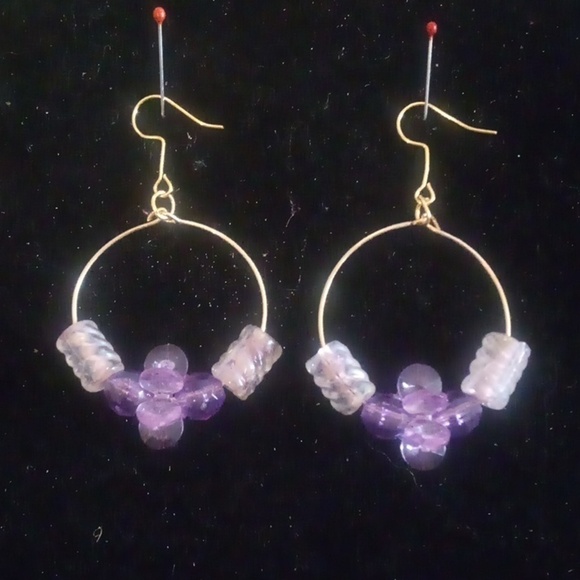 Hand Crafted Jewelry - Handmade Hoop Purple/White Beaded Earrings